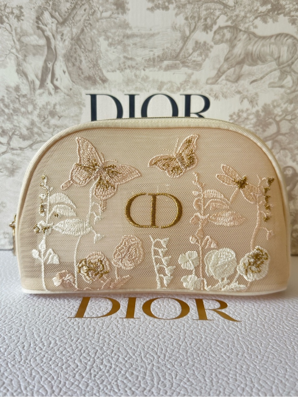 Dior Embroidered Beige & Gold Butterfly Cosmetic Pouch